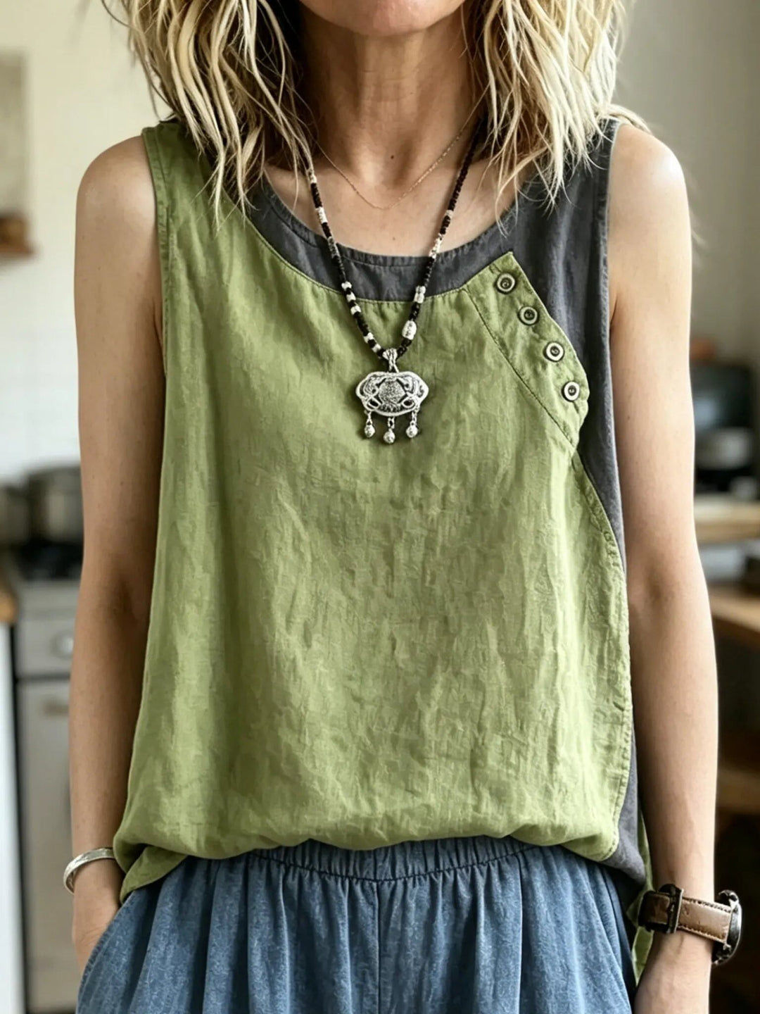 Women's Loose-fit Tank Top, Asymmetrical Top, Patchwork Sleeveless Top