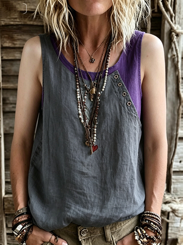Women's Loose-fit Tank Top, Asymmetrical Top, Patchwork Sleeveless Top