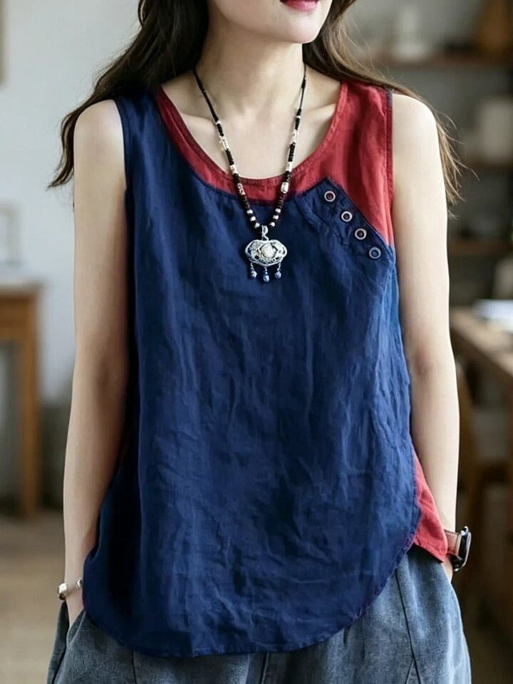 Women's Loose-fit Tank Top, Asymmetrical Top, Patchwork Sleeveless Top