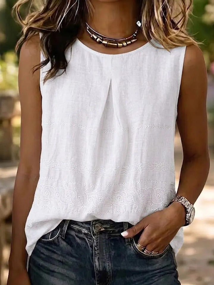 Women's Ethnicity Flowers Embroidery Casual Round Neck Tank Top