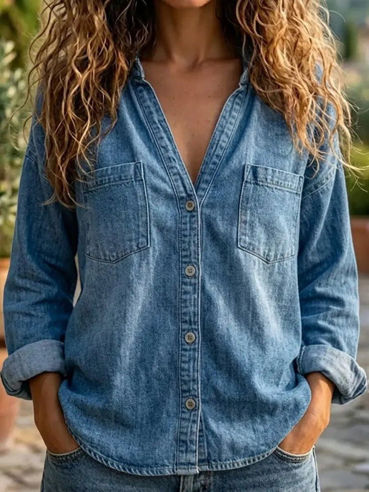 Women's Art Print Casual Long Sleeve Pocket Denim Cotton Shirt