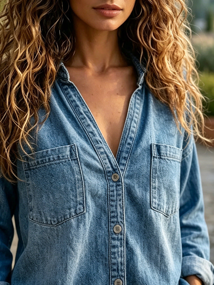 Women's Art Print Casual Long Sleeve Pocket Denim Cotton Shirt