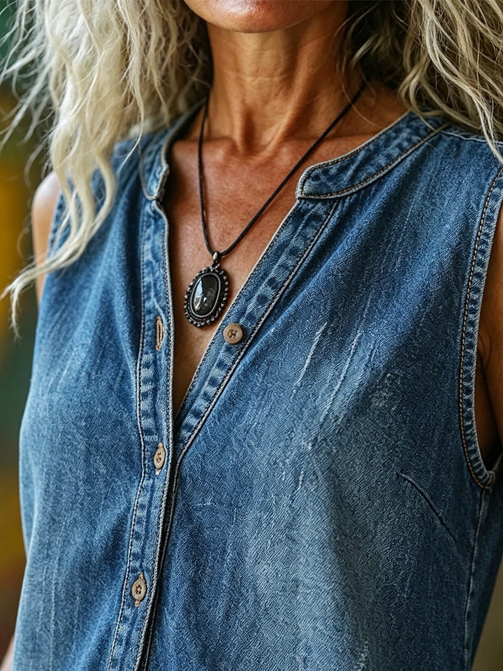 Women's Art Casual Button No-sleeved Denim Cotton Shirt