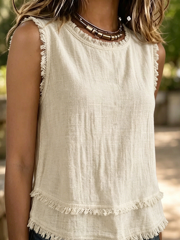 Women's Casual Tassel Edge Round Neck Tank Top