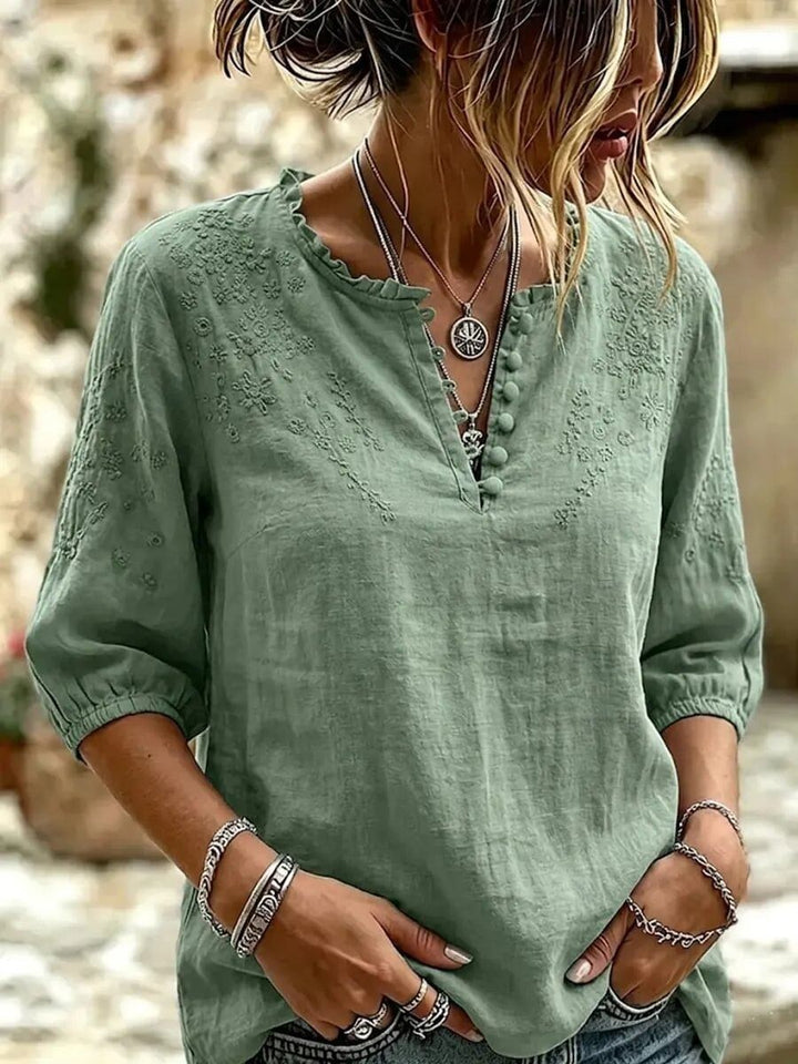 Women's Art Casual Embroidered Flowers Cotton And Linen Shirt