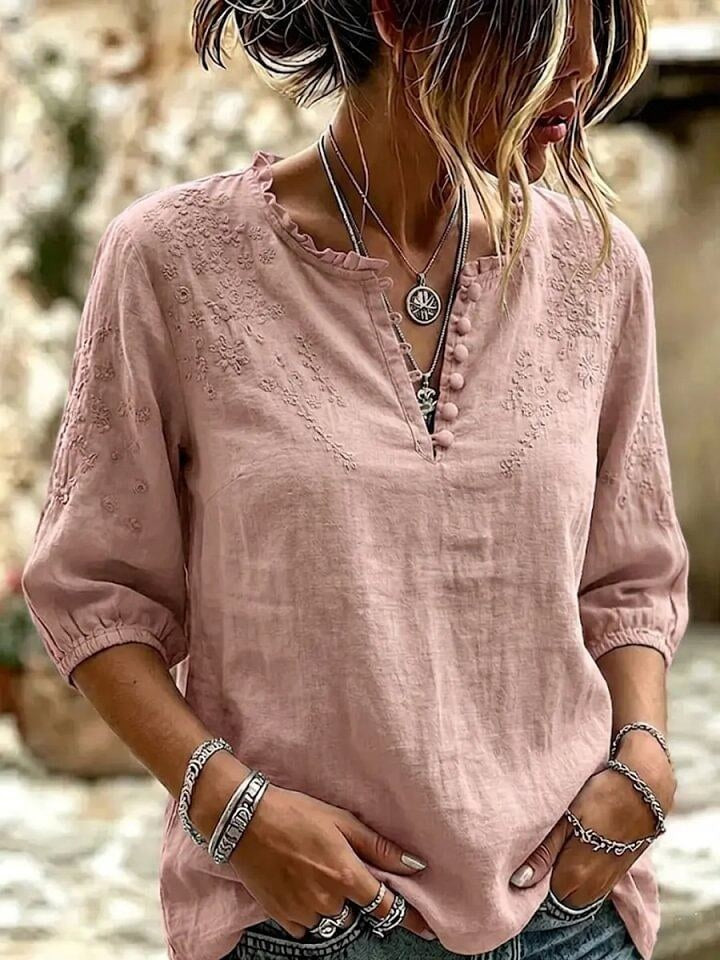 Women's Art Casual Embroidered Flowers Cotton And Linen Shirt