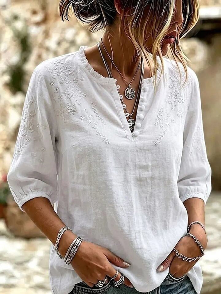 Women's Art Casual Embroidered Flowers Cotton And Linen Shirt
