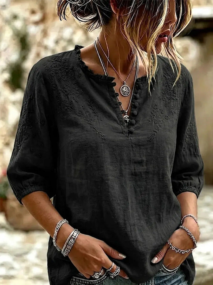 Women's Art Casual Embroidered Flowers Cotton And Linen Shirt