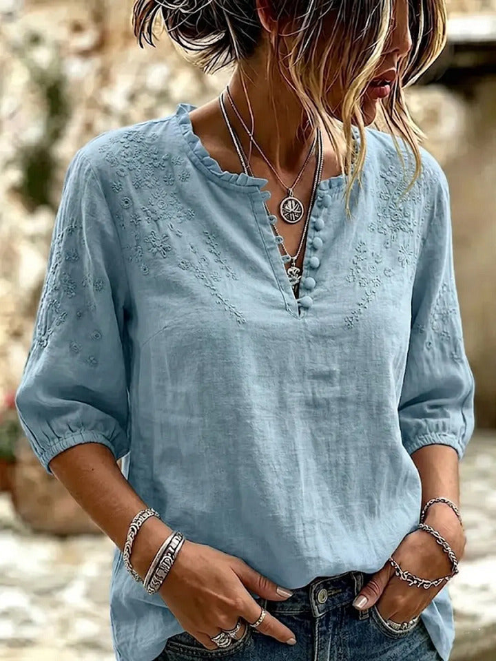 Women's Art Casual Embroidered Flowers Cotton And Linen Shirt