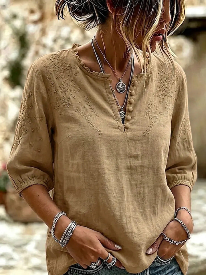 Women's Art Casual Embroidered Flowers Cotton And Linen Shirt