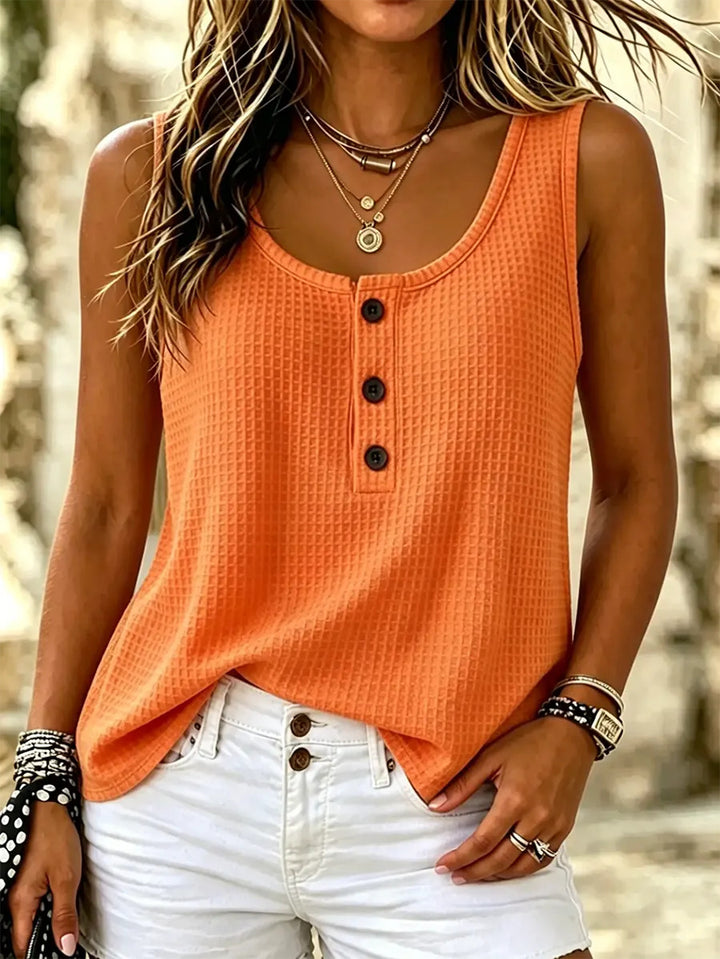Women's Solid Color Waffle Knit Cotton Henley Tank Top