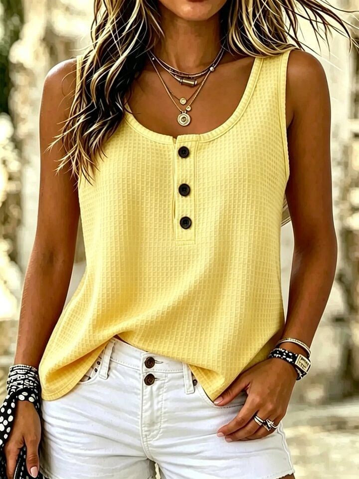 Women's Solid Color Waffle Knit Cotton Henley Tank Top