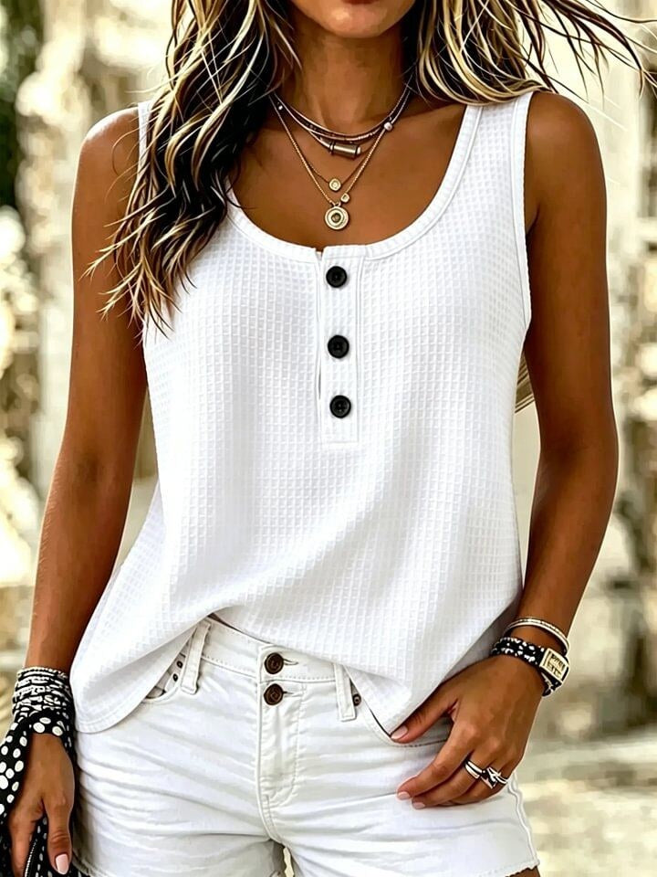 Women's Solid Color Waffle Knit Cotton Henley Tank Top