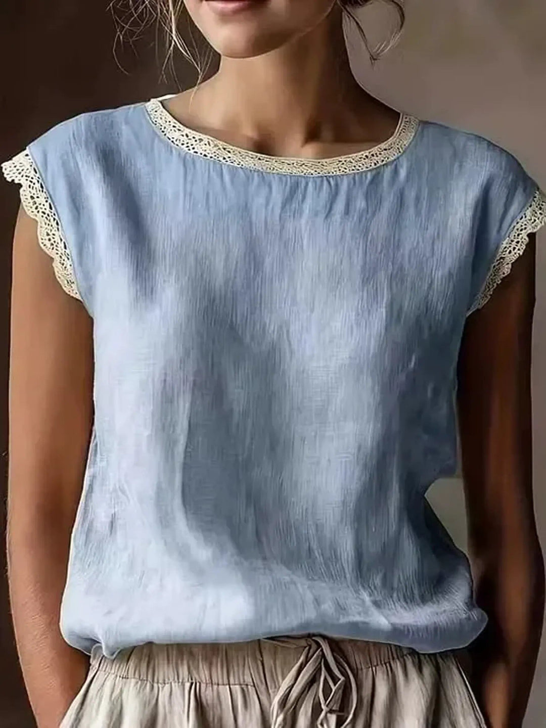 Women's Lightweight Lace-trimmed Round-neck Sleeveless Pullover