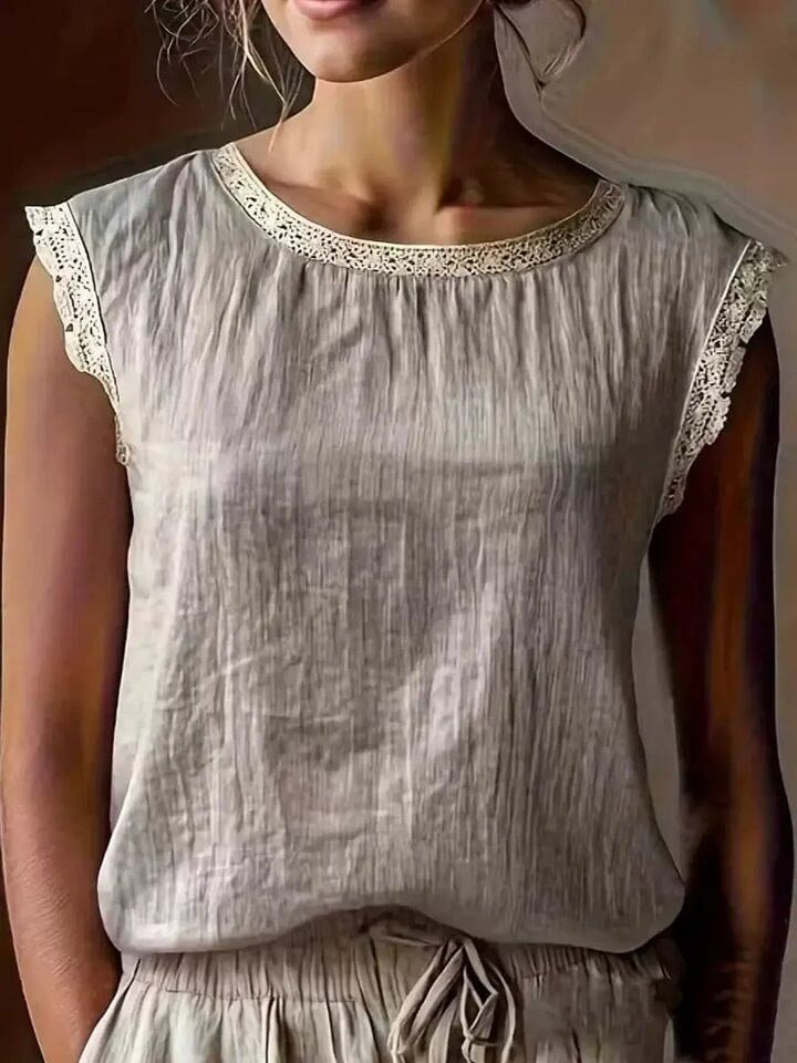 Women's Lightweight Lace-trimmed Round-neck Sleeveless Pullover