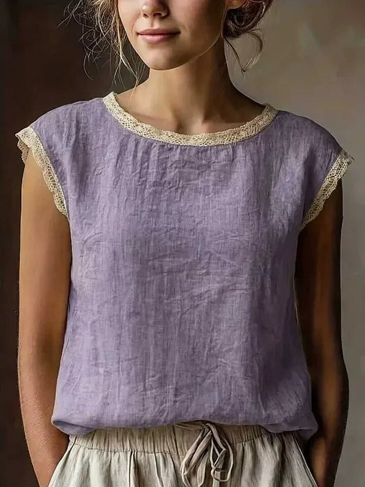 Women's Lightweight Lace-trimmed Round-neck Sleeveless Pullover