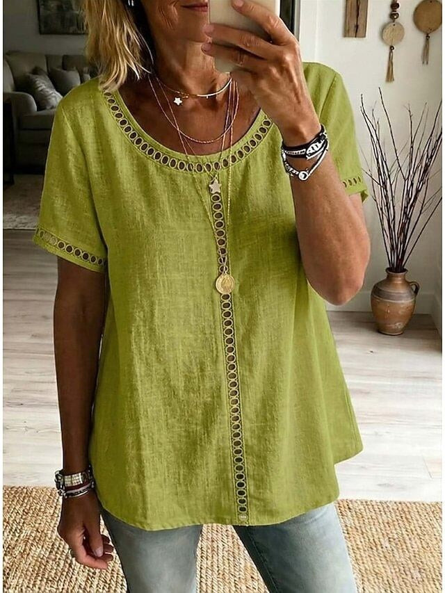 Women's Shirt Solid Color Plain Vacation Daily Basic Short Sleeve Long Tops Daily Outdoor Holiday Blue Grass Green Black Yellow Beige Summer Spring