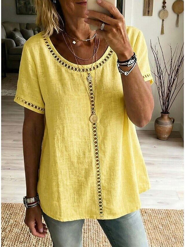 Women's Shirt Solid Color Plain Vacation Daily Basic Short Sleeve Long Tops Daily Outdoor Holiday Blue Grass Green Black Yellow Beige Summer Spring
