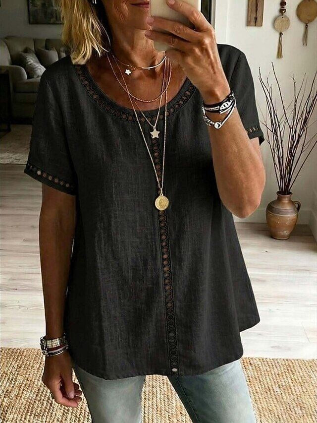 Women's Shirt Solid Color Plain Vacation Daily Basic Short Sleeve Long Tops Daily Outdoor Holiday Blue Grass Green Black Yellow Beige Summer Spring