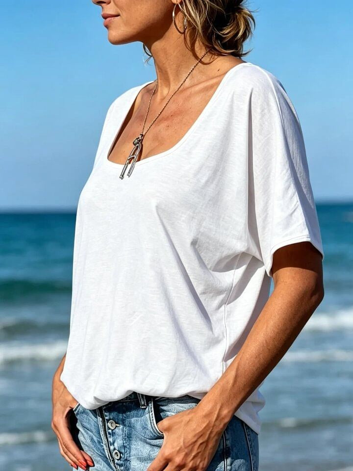 Women's Square-neck Casual Loose-fit Short-sleeve Top