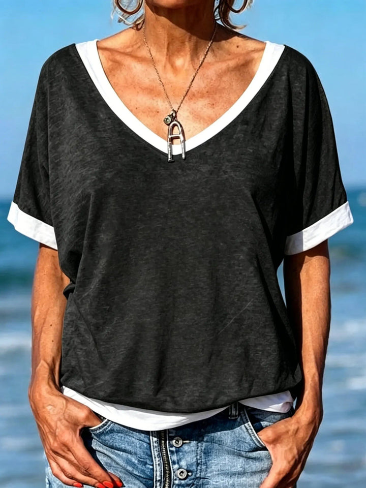 Women's V-neck Mock-Two-Piece Casual Loose-Fit Short-Sleeve Top