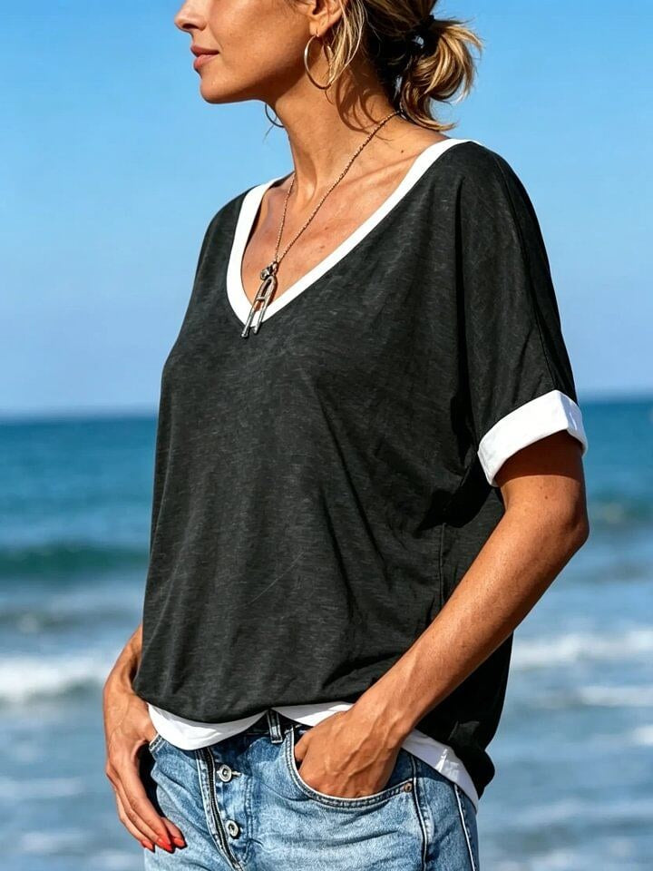 Women's V-neck Mock-Two-Piece Casual Loose-Fit Short-Sleeve Top