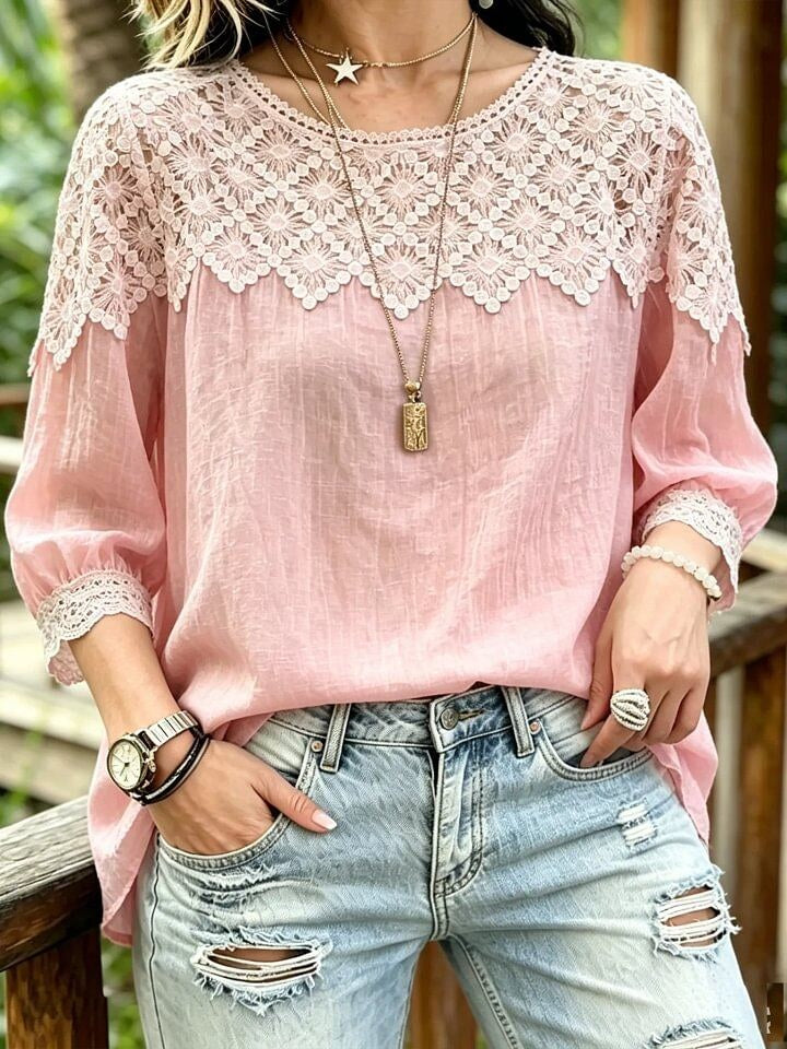 Women's Loose-fitting, Slimming Lace-panel Blouse