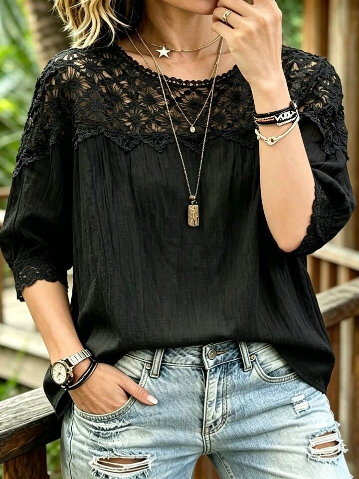 Women's Loose-fitting, Slimming Lace-panel Blouse