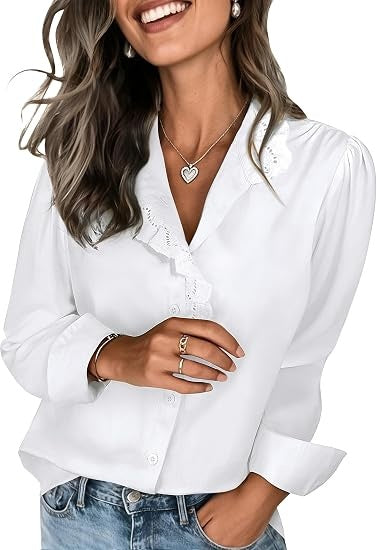 Women's Spring Shirts 2026 Long Sleeve Ruffle Collar Button Down Tops Dressy Casual Elegant Solid Retro Blouse