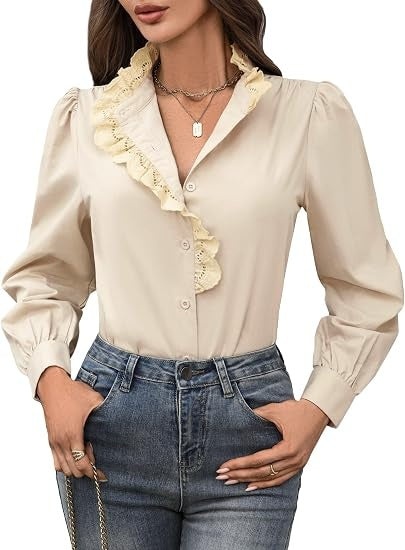 Women's Spring Shirts 2026 Long Sleeve Ruffle Collar Button Down Tops Dressy Casual Elegant Solid Retro Blouse