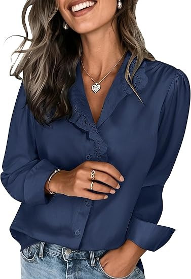 Women's Spring Shirts 2026 Long Sleeve Ruffle Collar Button Down Tops Dressy Casual Elegant Solid Retro Blouse