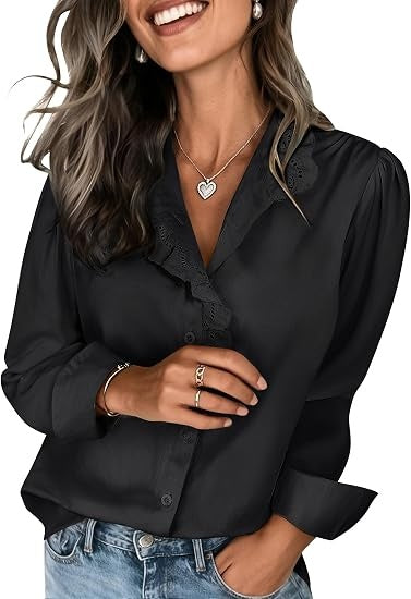 Women's Spring Shirts 2026 Long Sleeve Ruffle Collar Button Down Tops Dressy Casual Elegant Solid Retro Blouse