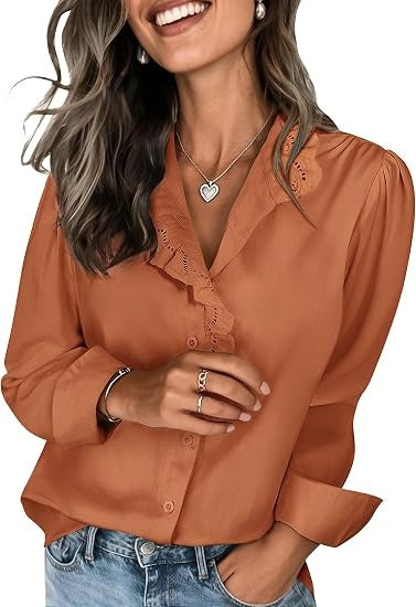 Women's Spring Shirts 2026 Long Sleeve Ruffle Collar Button Down Tops Dressy Casual Elegant Solid Retro Blouse