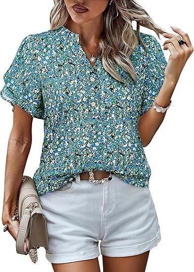 Womens Tops Dressy Casual Trendy Business Work Blouses Short Sleeve Ruffled V-Neck Tshirts