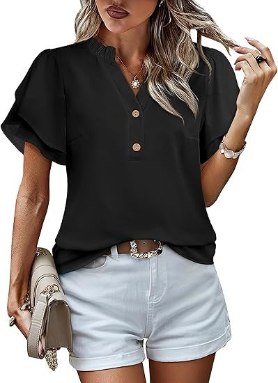Womens Tops Dressy Casual Trendy Business Work Blouses Short Sleeve Ruffled V-Neck Tshirts
