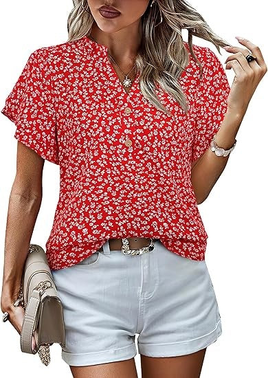 Womens Tops Dressy Casual Trendy Business Work Blouses Short Sleeve Ruffled V-Neck Tshirts