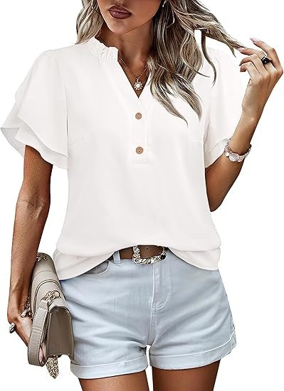 Womens Tops Dressy Casual Trendy Business Work Blouses Short Sleeve Ruffled V-Neck Tshirts