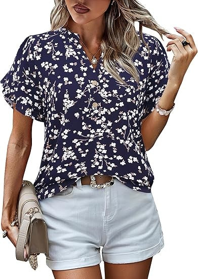 Womens Tops Dressy Casual Trendy Business Work Blouses Short Sleeve Ruffled V-Neck Tshirts