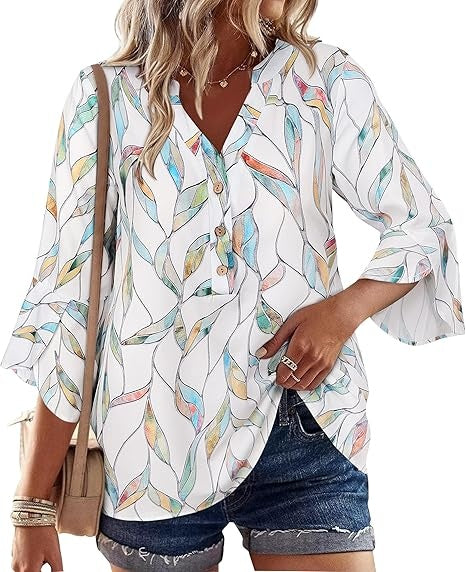 Womens Boho Tops Ruffle 3/4 Sleeve Button V-Neck Dressy Casual 2026 Fall Bell Sleeve Floral Business Blouses