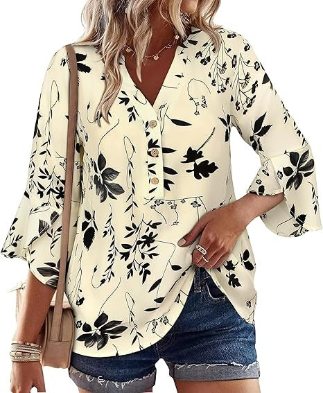 Womens Boho Tops Ruffle 3/4 Sleeve Button V-Neck Dressy Casual 2026 Fall Bell Sleeve Floral Business Blouses