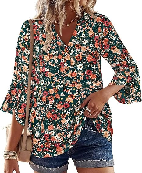 Womens Boho Tops Ruffle 3/4 Sleeve Button V-Neck Dressy Casual 2026 Fall Bell Sleeve Floral Business Blouses