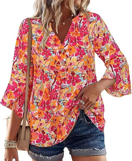 Womens Boho Tops Ruffle 3/4 Sleeve Button V-Neck Dressy Casual 2026 Fall Bell Sleeve Floral Business Blouses