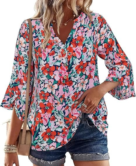 Womens Boho Tops Ruffle 3/4 Sleeve Button V-Neck Dressy Casual 2026 Fall Bell Sleeve Floral Business Blouses