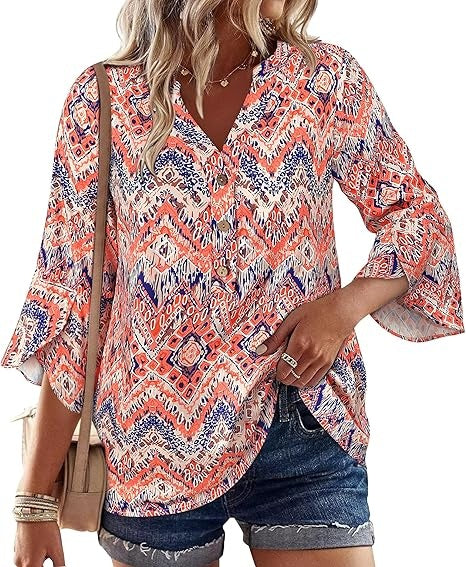 Womens Boho Tops Ruffle 3/4 Sleeve Button V-Neck Dressy Casual 2026 Fall Bell Sleeve Floral Business Blouses