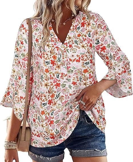 Womens Boho Tops Ruffle 3/4 Sleeve Button V-Neck Dressy Casual 2026 Fall Bell Sleeve Floral Business Blouses