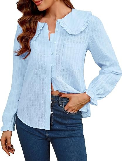 Women Spring Long Sleeve Shirts Peter Pan Collar Button Down Puff Sleeve Blouse Lightweight Casual Cotton Tops