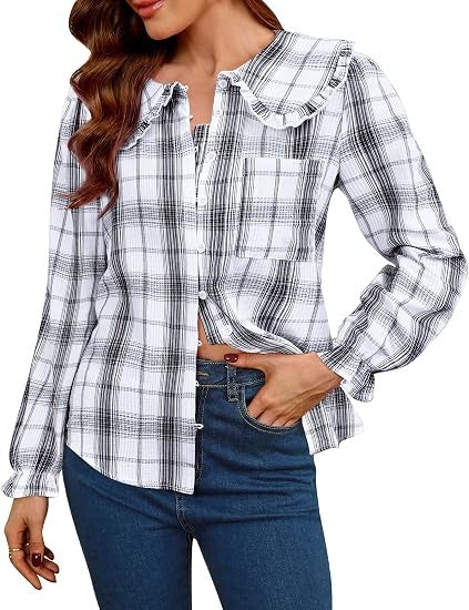 Women Spring Long Sleeve Shirts Peter Pan Collar Button Down Puff Sleeve Blouse Lightweight Casual Cotton Tops