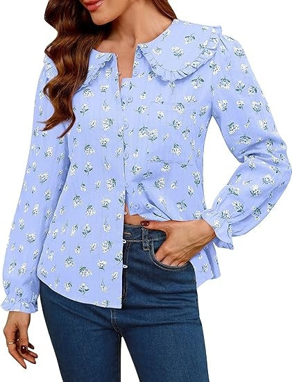 Women Spring Long Sleeve Shirts Peter Pan Collar Button Down Puff Sleeve Blouse Lightweight Casual Cotton Tops