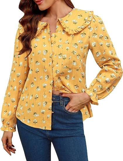 Women Spring Long Sleeve Shirts Peter Pan Collar Button Down Puff Sleeve Blouse Lightweight Casual Cotton Tops