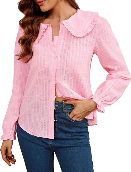 Women Spring Long Sleeve Shirts Peter Pan Collar Button Down Puff Sleeve Blouse Lightweight Casual Cotton Tops